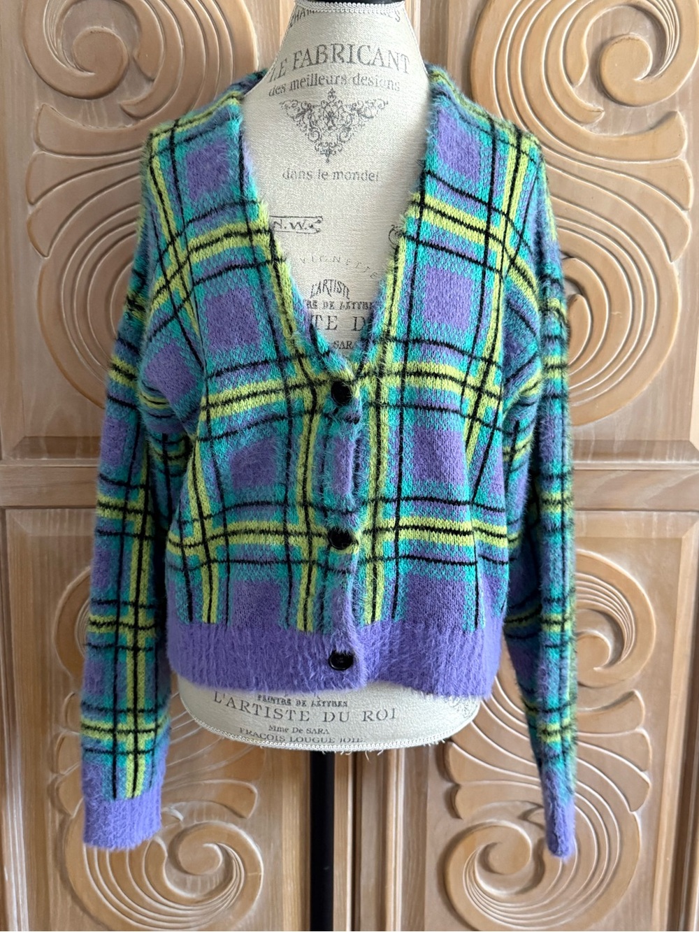 Purple Plaid V-Neck Button Cardigan Sweater by Ragged Women’s Size Large